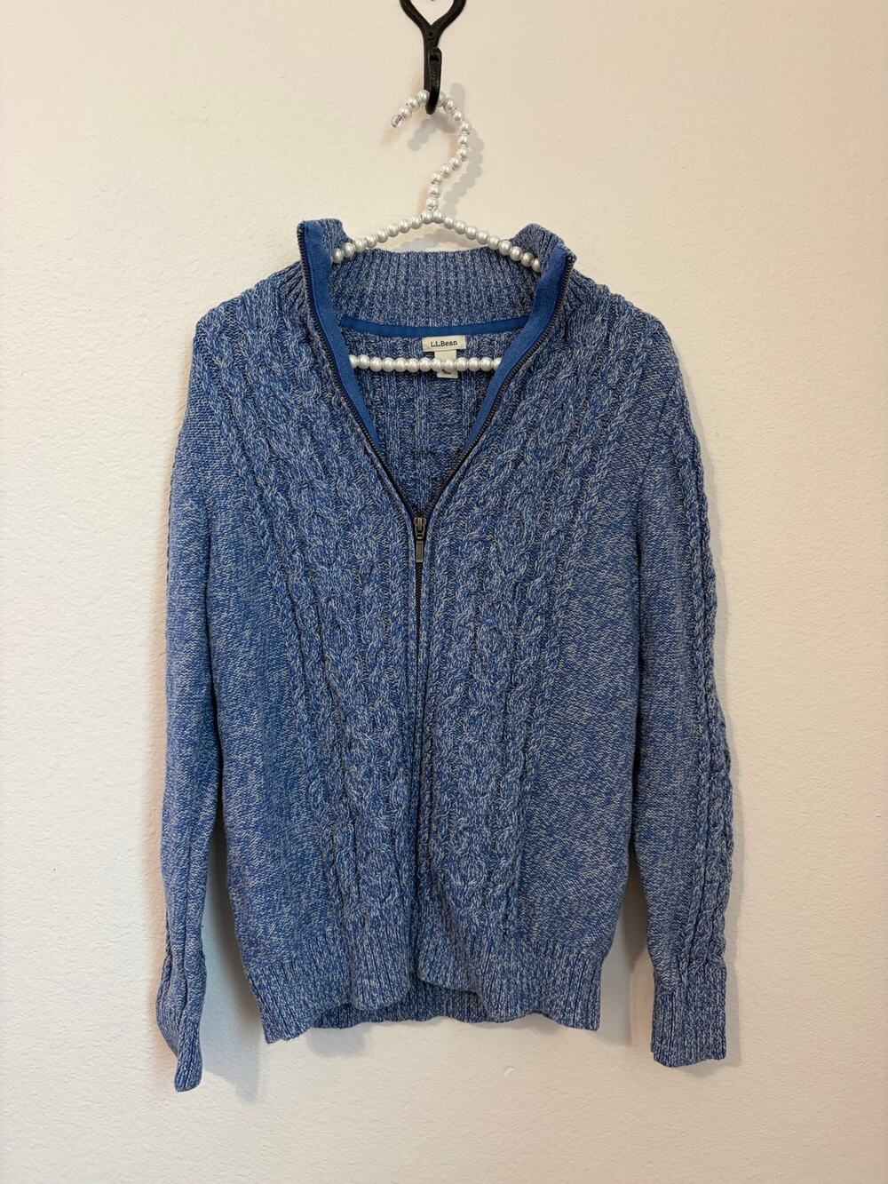 LL Bean Sweater Jacket Women's Size Medium Blue Cotton Knit Full Zip Gorpcore